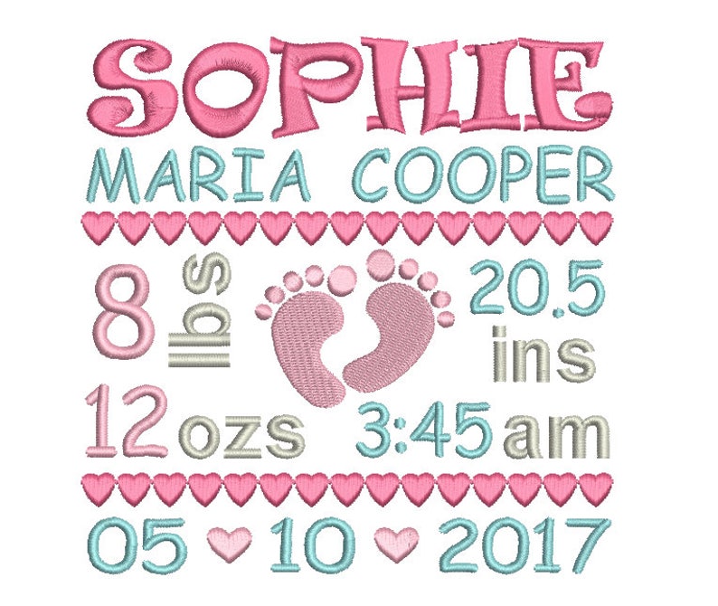 Birth Announcement Embroidery Template, Baby Feet, Baby Birth Stats, Baby Footprints, Hearts, Machine Embroidery, AM/PM, 3 Sizes, FT509-5 image 1