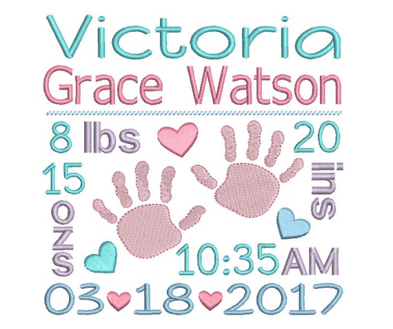 Birth Announcement TEMPLATE Embroidery Design, Subway Art, Baby Birth Stats, Baby Hands, Hearts, Machine Embroidery, AM/PM, 3 Sizes FT509-37