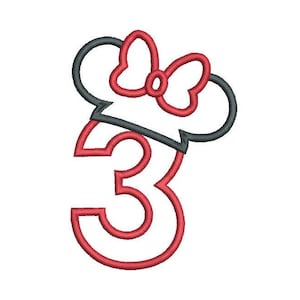 May include: Red number three with a black and red Minnie Mouse head on top. The number is outlined in red and the head is outlined in black.