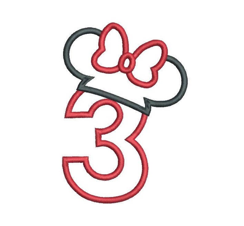 May include: Red number three with a black and red Minnie Mouse head on top. The number is outlined in red and the head is outlined in black.