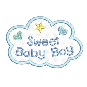 May include: A blue cloud-shaped embroidery design with white polka dots. The design features the text "Sweet Baby Boy" in blue, a yellow star, and two blue hearts.