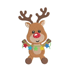 May include: A cartoon reindeer with brown fur, red antlers, and a red nose is holding a string of colorful star-shaped lights.