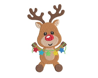 Christmas Reindeer Embroidery Design, Christmas Embroidery, Fill Stitch, Xmas Reindeer, Machine Embroidery, 3 Size, Instant Download, F524-1