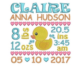 Birth Announcement TEMPLATE Embroidery Design, Subway Art, Baby Birth Stats, Machine Embroidery Template, Baby Duck, AM/PM, 3 Sizes FT509-46