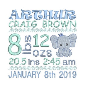 Birth Announcement TEMPLATE Embroidery Design, Baby Birth Stats, Template, Machine Embroidery, Baby Elephant, AM/PM, 3 Sizes, FT509-59