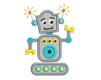 Könnte beinhalten: Ein grauer Roboter mit blauem und gelbem Körper, einem großen blauen Auge und einem fröhlichen Ausdruck. Der Roboter hat zwei Antennen mit orangefarbenen Funken oben.
