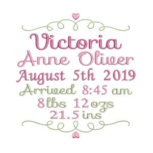 Birth Announcement TEMPLATE Embroidery Design, Baby Birth Stats, Hearts, Baby Announcement, Machine Embroidery, AM/PM, 3 Sizes, FT509-68