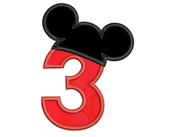 3 ° compleanno Applique Embroidery Design, Orecchie del mouse, Numero 3, 3 ° compleanno del ragazzo, Ricamo a macchina, 3 dimensioni, Download istantaneo, FA510-77