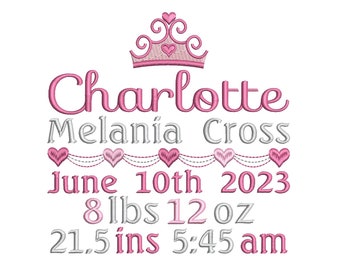 Baby Birth Announcement Embroidery Design, Customized Baby Birth Stats, Princess Crown Design, Hearts, AM/PM, 3 Sizes, F509-82