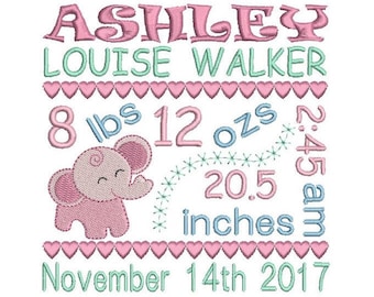Baby Birth Announcement TEMPLATE Embroidery Design, Subway Art, Baby Stats Machine Embroidery Template, Elephant, AM/PM, 3 Sizes, FT509-7