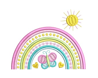 Rainbow Machine Embroidery Design, Fill Stitch Rainbow, Hearts, Butterfly, Sun, Machine Embroidery, Sun, 3 Sizes, Instant Download, F707-3