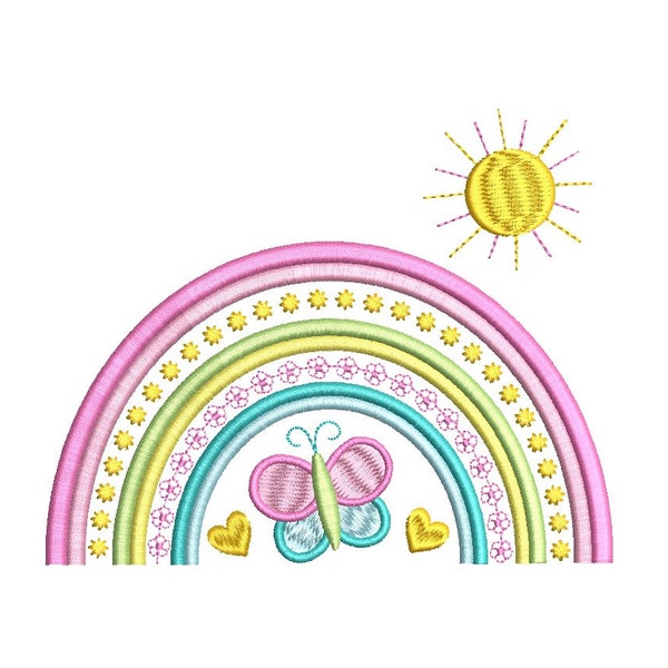 Rainbow Machine Embroidery Design, Fill Stitch Rainbow, Hearts, Butterfly, Sun, Machine Embroidery, Sun, 3 Sizes, Instant Download, F707-3