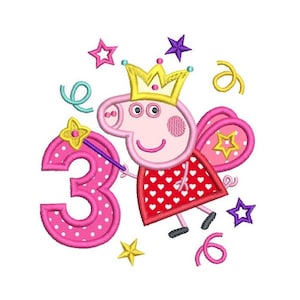 3歳の誕生日の機械刺繍アップリケデザイン、かわいい妖精の豚、女の子の3歳の誕生日のデザイン、豚、4x4、5x7、6x10、即時ダウンロード、FA510-23