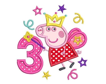 3rd Birthday Machine Embroidery Applique Design, Cute Fairy Pig, Girl's 3rd Birthday Design, Pig, 4x4, 5x7, 6x10, INSTANT DOWNLOAD, FA510-23