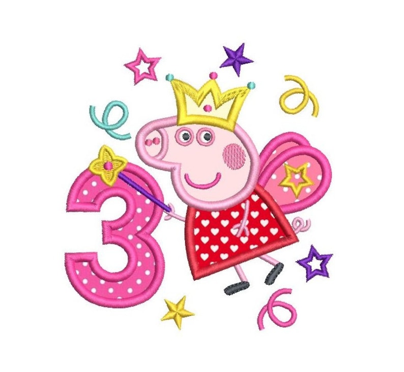 K&ouml;nnte beinhalten: Ein rosa Schwein, das ein rotes Kleid mit wei&szlig;en Herzen, eine goldene Krone und Feenfl&uuml;gel tr&auml;gt. Das Schwein h&auml;lt einen Zauberstab mit einem Stern oben. Die Zahl 3 ist rosa mit wei&szlig;en Punkten. Im Hintergrund sind Sterne zu sehen.