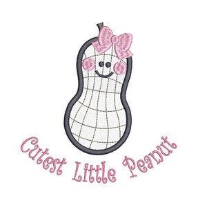 May include: A white peanut with a pink bow and a smiling face. The text "Cutest Little Peanut" is written in pink below the peanut.