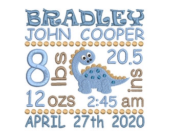 Birth Announcement TEMPLATE Embroidery Design, Baby Birth Stats, Template, Machine Embroidery, Baby Dinosaur, AM/PM, 3 Sizes, FT509-76