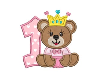 1st Birthday Embroidery Applique Design, Teddy, Bear, First Birthday, Princess, Machine Embroidery, 3 Sizes, INSTANT DOWNLOAD, FA710-3
