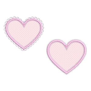 May include: Two pink hearts with white polka dots. The heart on the left has a white lace border.