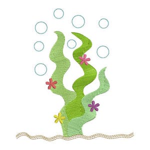May include: Green seaweed with pink, purple, and yellow flowers, surrounded by blue bubbles. The seaweed is on a brown wavy line, representing the ocean floor.