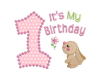 1st Birthday Applique Design, Bunny, Girl, First Birthday, Rabbit, Flower, Floral, Machine Embroidery, 3 Sizes, INSTANT DOWNLOAD, FA510-78