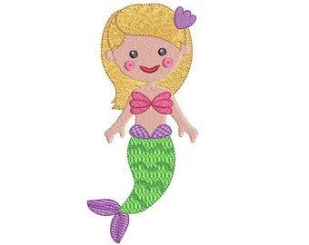 Mermaid Machine Embroidery Design, Fill Stitch Mermaid Girl, Sea Life Embroidery, Cute Mermaid Design, 2 Sizes, Instant Download, No: F501-7