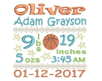 Birth Announcement TEMPLATE Machine Embroidery Design, Subway Art, Baby Birth Stats Template Design, Basketball, AM/PM, 3 Sizes, FT509-36