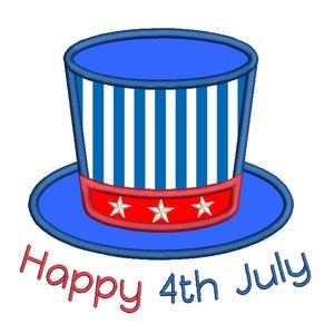 May include: A blue and white striped top hat with a red band and three white stars. The text "Happy 4th July" is written below the hat.