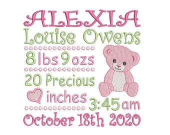 Birth Announcement TEMPLATE Embroidery Design, Baby Birth Stats, Baby Girl, Newborn, Cute Teddy, Machine Embroidery, AM/PM, 3 Sizes FT509-2