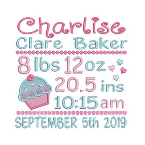 Baby Birth Announcement Embroidery Design, Cupcake, Personalised, Baby Birth Stats, Customized, Machine Embroidery, AM/PM, 3 Sizes F509-18