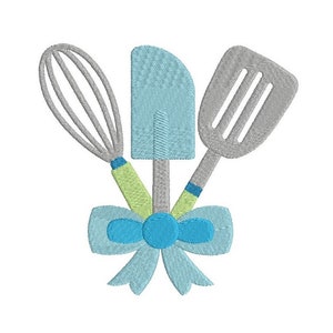 May include: A set of three kitchen utensils tied together with a blue bow. The utensils include a whisk, a spatula, and a turner.