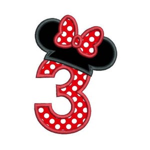 3rd Birthday Mouse Ears Machine Embroidery Applique Design, Number 3, Girl&#39;s 3rd Birthday Embroidery, 3 Sizes, Instant Download, FA510-67