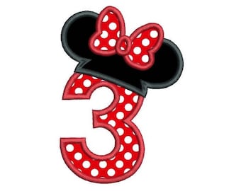 3 ° compleanno mouse orecchie macchina ricamo applique design, numero 3, ricamo di 3 ° compleanno della ragazza, 3 taglie, download istantaneo, FA510-67