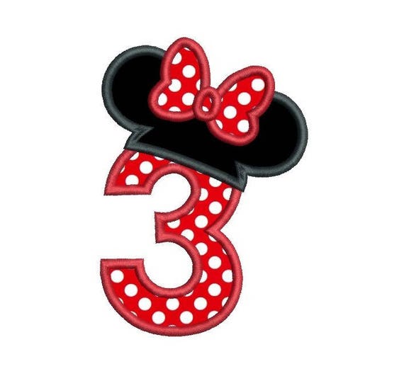 3rd Birthday Mouse Ears Machine Embroidery Applique Design, Number 3, Girl's 3rd Birthday Embroidery, 3 Sizes, Instant Download, FA510-67