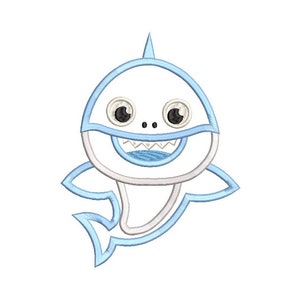 May include: A blue and white cartoon shark with a toothy grin and big eyes. The shark is outlined in blue and has a white body.
