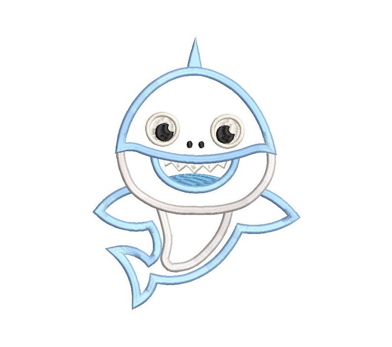 May include: A blue and white cartoon shark with a toothy grin and big eyes. The shark is outlined in blue and has a white body.