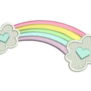 May include: A pastel rainbow with a pink, yellow, green, and purple arc, with two white clouds on either end. Each cloud has a light blue heart in the centre.
