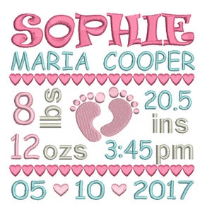 Birth Announcement Embroidery Template, Baby Feet, Baby Birth Stats, Baby Footprints, Hearts, Machine Embroidery, AM/PM, 3 Sizes, FT509-5 image 3