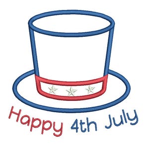 May include: A blue and red Uncle Sam top hat with white stars on the band. The text "Happy 4th July" is below the hat.