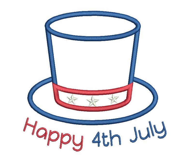 May include: A blue and red Uncle Sam top hat with white stars on the band. The text "Happy 4th July" is below the hat.