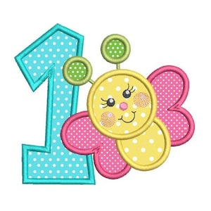 1st Birthday Machine Embroidery Applique Design, 1st Birthday Butterfly, Girl&#39;s First Birthday, Cute Butterfly, Instant Download, FA510-5