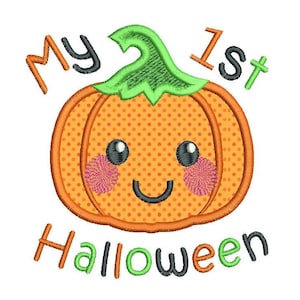May include: An orange pumpkin with a green stem and a cute cartoon face. The pumpkin has a dotted pattern and says "My 1st Halloween" in black, green, and orange letters.