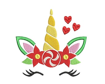 May include: Embroidered unicorn face with a golden horn, red flowers, and green leaves. The design includes a red and white candy cane, three red hearts, and black eyelashes. The unicorn is a festive design.