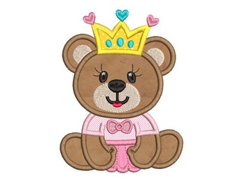 Teddy Bear Applique Embroidery Design, Princess Teddy , Baby Bear, Cute Teddy, Machine Embroidery, 4x4, 5x7, 6x10, Instant Download, FA702-2