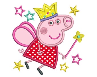 May include: A pink pig wearing a yellow crown and a red dress with white hearts, holding a yellow wand with a yellow star on top. The pig has pink wings and is surrounded by yellow stars.