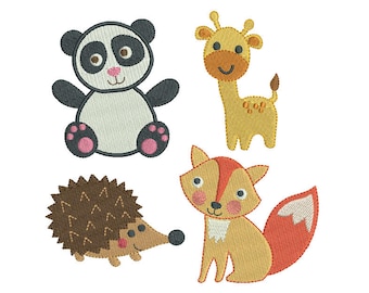 Mini Animals Embroidery Design Set, Fill Stitch, Fox, Giraffe, Panda, Hedgehog, Machine Embroidery, 2x2, 3x3 inches, Instant Download, F560B