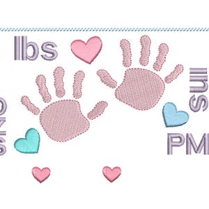 May include: A pink and blue baby announcement with handprints, hearts, and the text "lbs ozs ins PM".