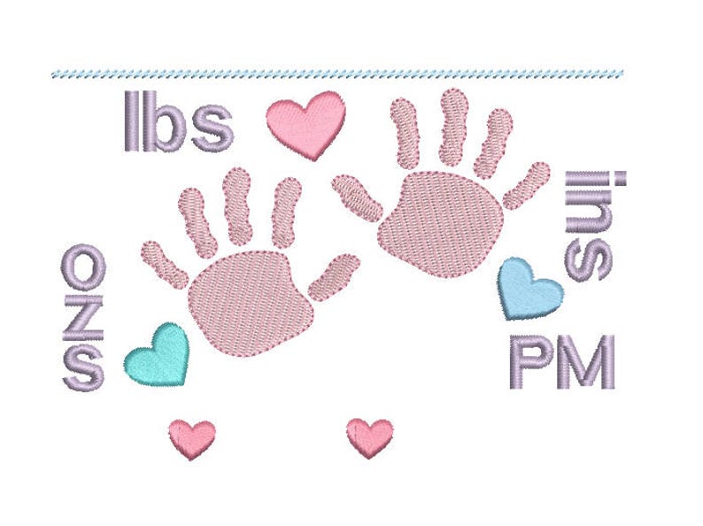 May include: A pink and blue baby announcement with handprints, hearts, and the text "lbs ozs ins PM".