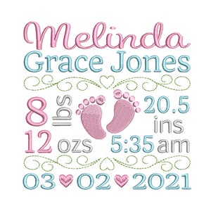 Birth Announcement TEMPLATE Embroidery Design, Baby Birth Stats, Hearts, Baby Feet, Scrolls, Machine Embroidery, AM/PM, 3 Sizes, FT509-81