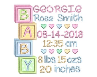 Birth Announcement TEMPLATE Embroidery Design, Applique Template, Baby Birth Stats, Machine Embroidery, Baby Blocks, AM/PM, 3 Sizes FT509-58